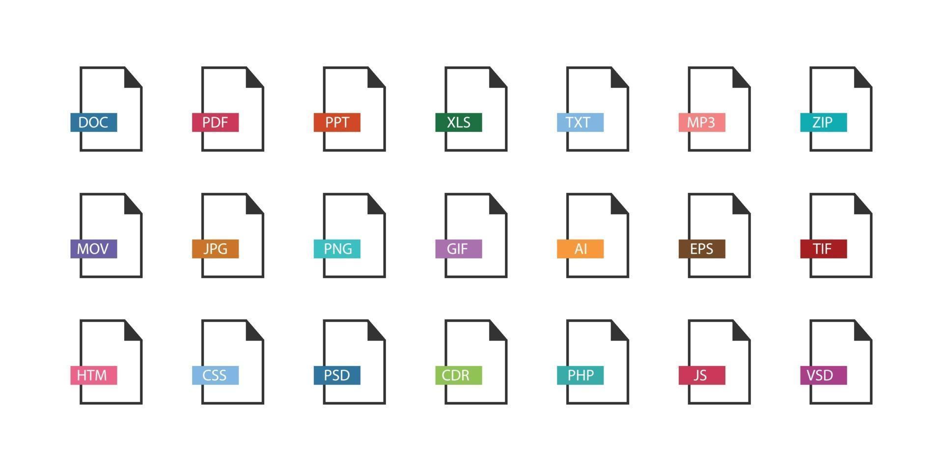 conjunto diferente de estilo simples de vetor de extensões de arquivo para web design.