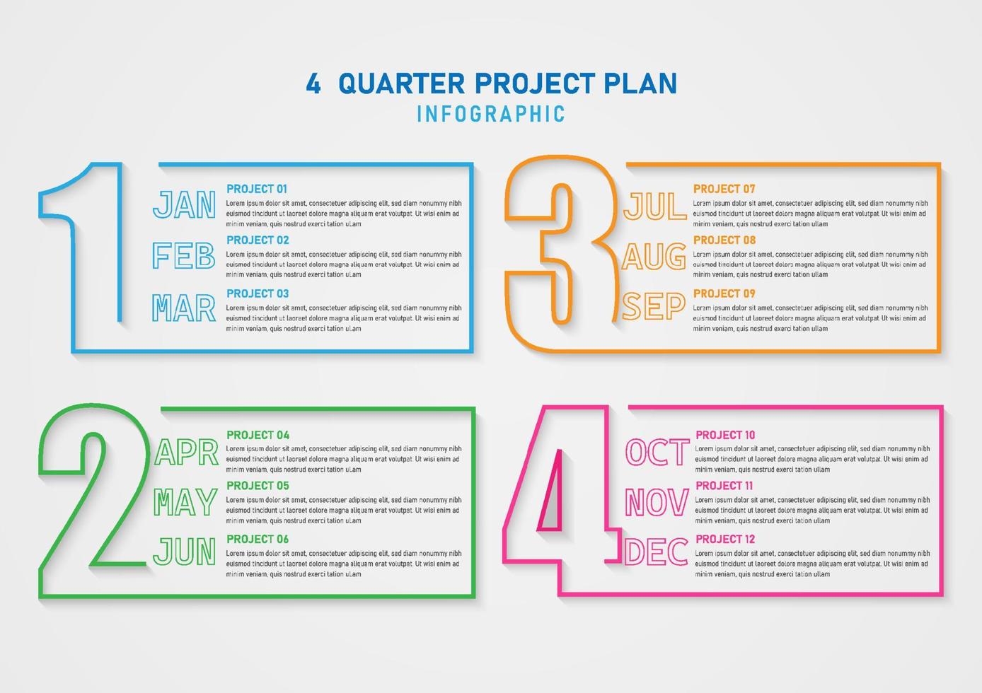 moderno infográfico Linha do tempo 4 trimestre o negócio crescimento planejamento multicolorido esboço mês números e cartas cinzento gradiente fundo. Projeto para marketing, produtos, finança, investimento. vetor