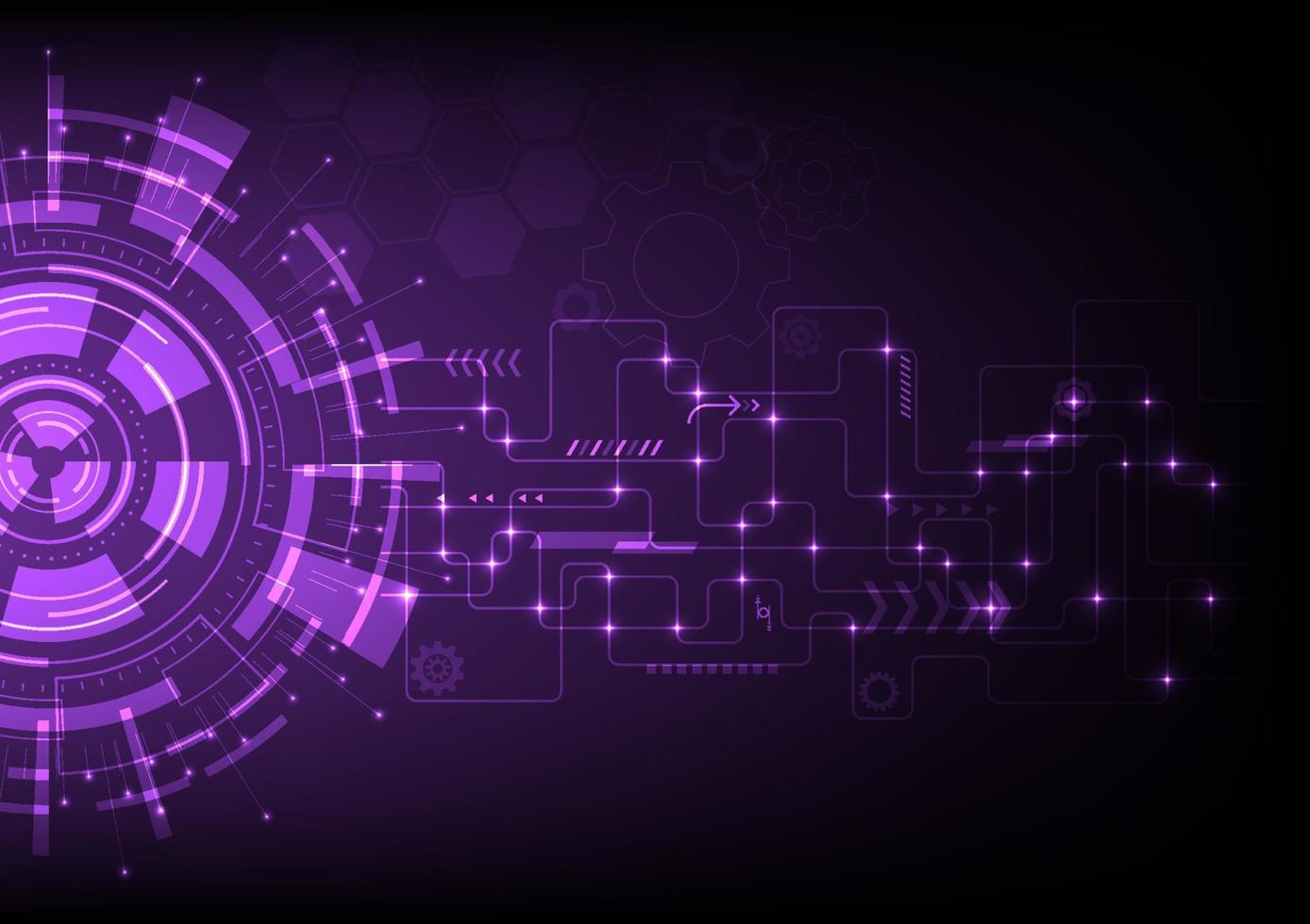 abstrato tecnologia fundo dentro tecnologia círculos interseção linhas e brilhando ponto geométrico formas engrenagens e elementos brilhante roxa gradiente fundo vetor