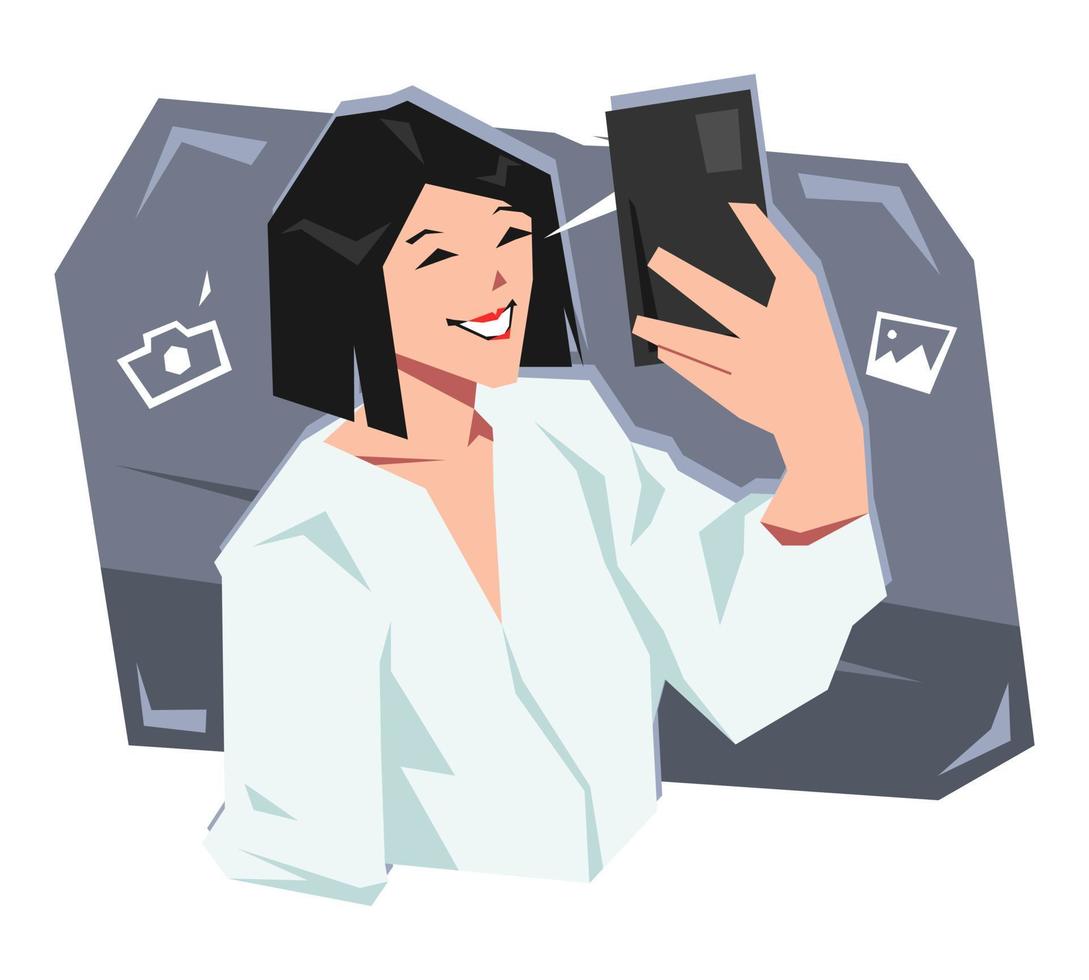 curto cabelo jovem mulher personagem sorridente enquanto levando selfie. segurando e usando uma Smartphone Câmera. a conceito do moda, beleza, fotografia, social meios de comunicação. desenho animado vetor ilustração.