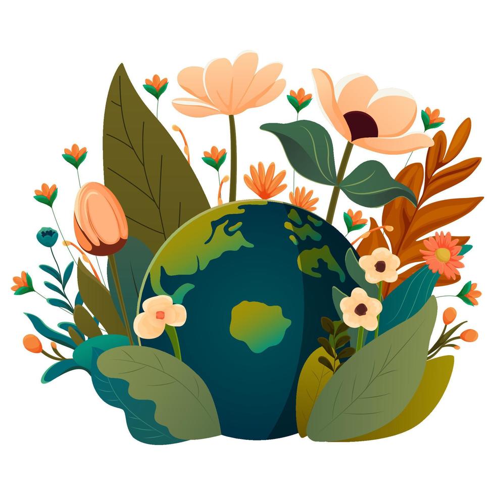 ilustração com terra, flores, plantas, natureza, vetor