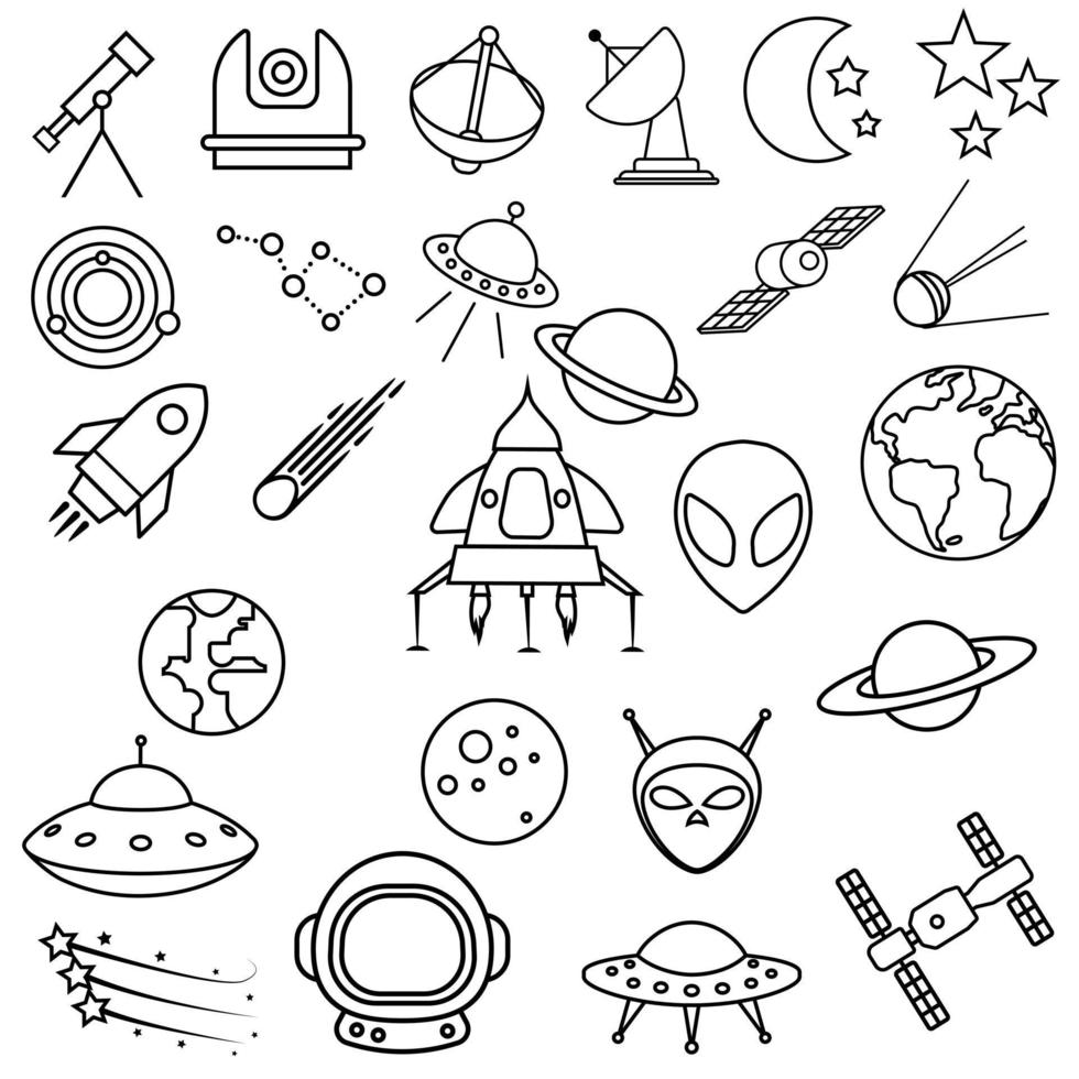 astronomia ícone vetor definir. espaço ilustração símbolo coleção. UFO placa ou logotipo.