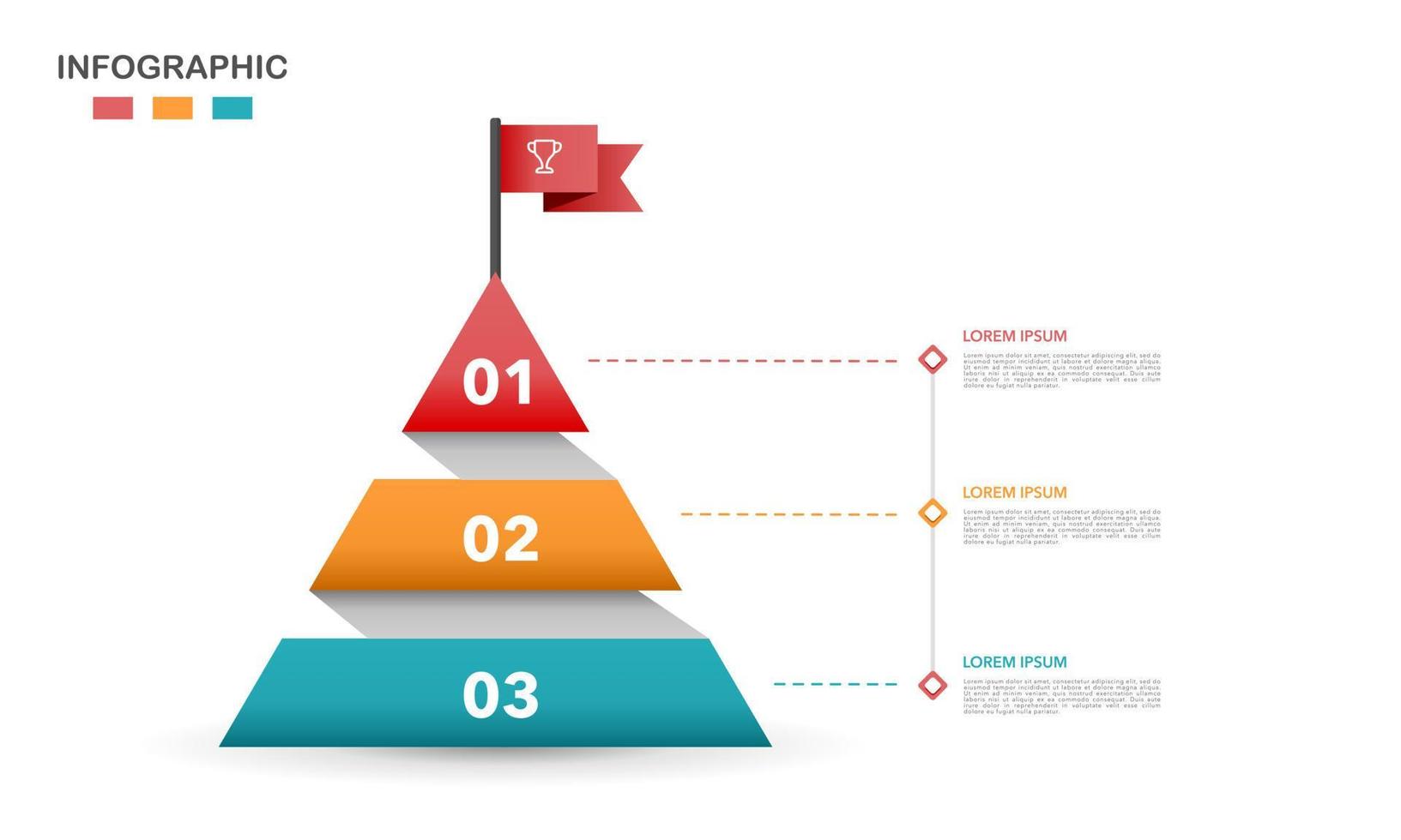 infográfico pirâmide 3 opções ou passos com bandeira. passos para sucesso. vetor ilustração.