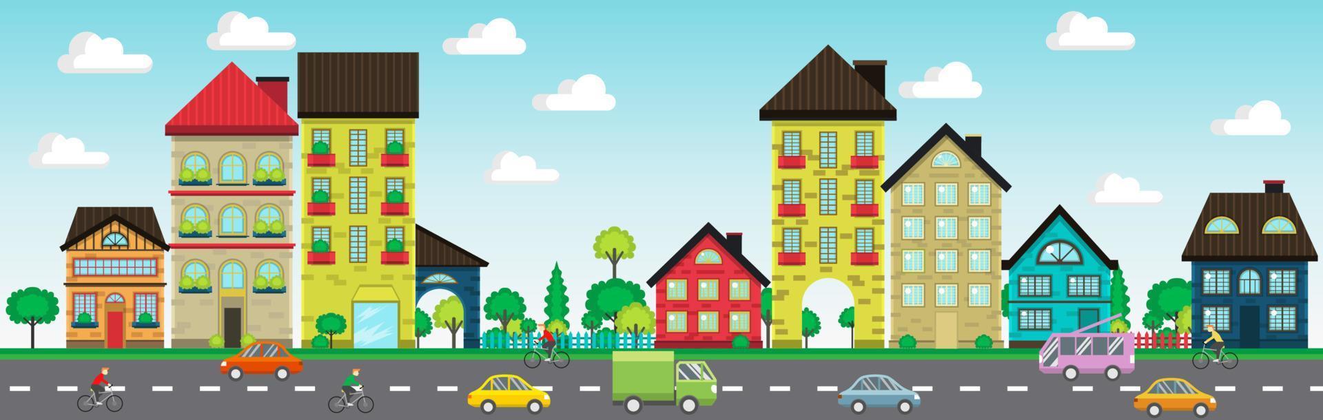 colorida casas em a rua com carros e ciclista vetor ilustração
