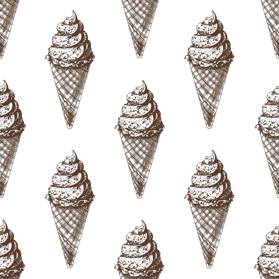 vetor vintage gelo creme desatado padronizar. mão desenhado monocromático ilustração do waffle cones com congeladas iogurte ou suave gelo creme. ótimo para cardápio, poster ou restaurante fundo.