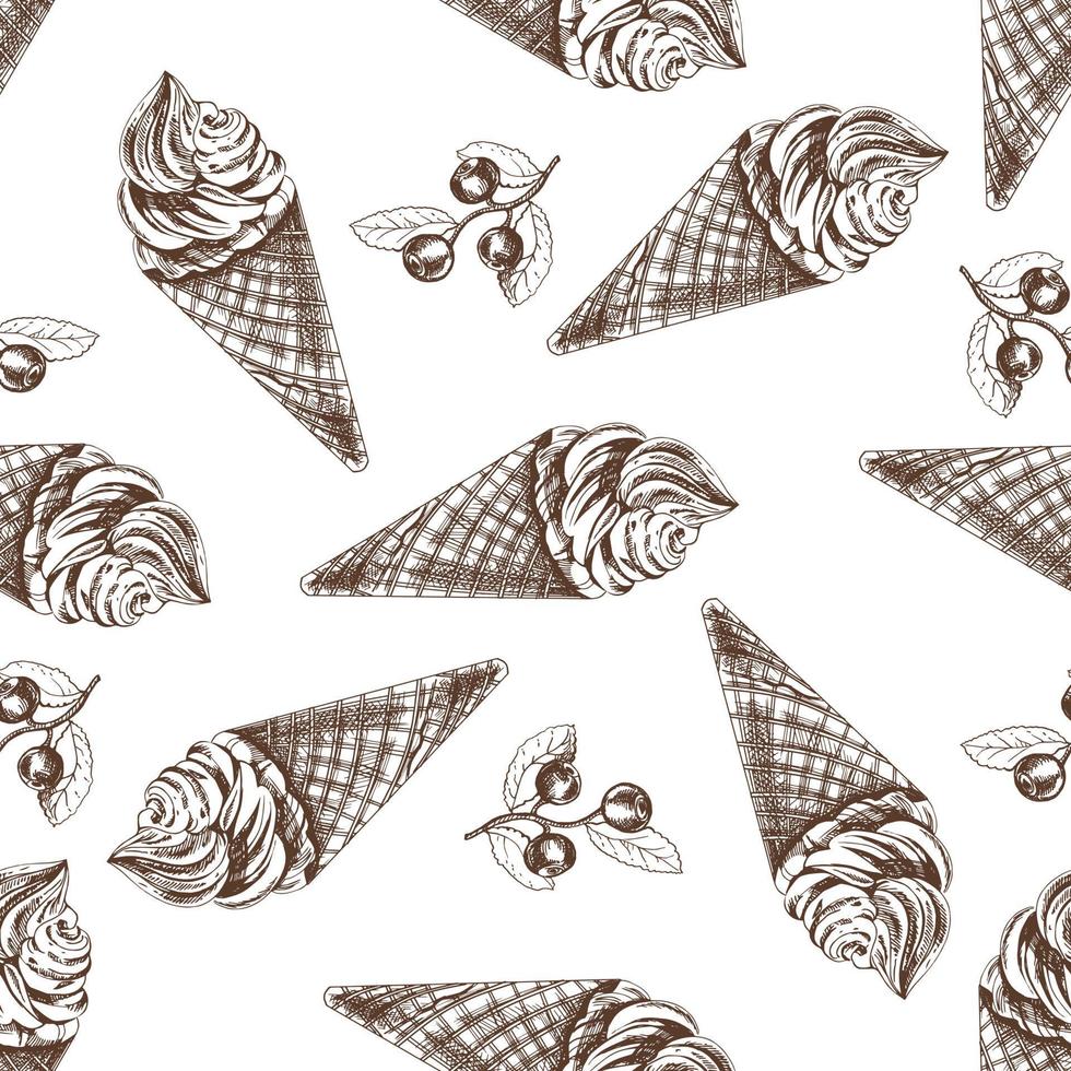 vetor vintage gelo creme desatado padronizar. mão desenhado monocromático ilustração do waffle cones com congeladas iogurte ou suave gelo creme e mirtilo. ótimo para cardápio, poster ou restaurante fundo.