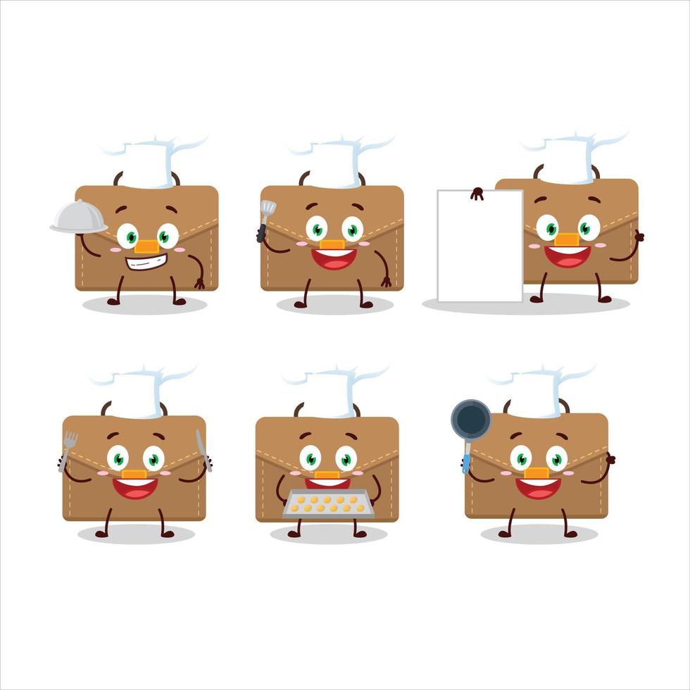 desenho animado personagem do Castanho mala de viagem com vários chefe de cozinha emoticons vetor