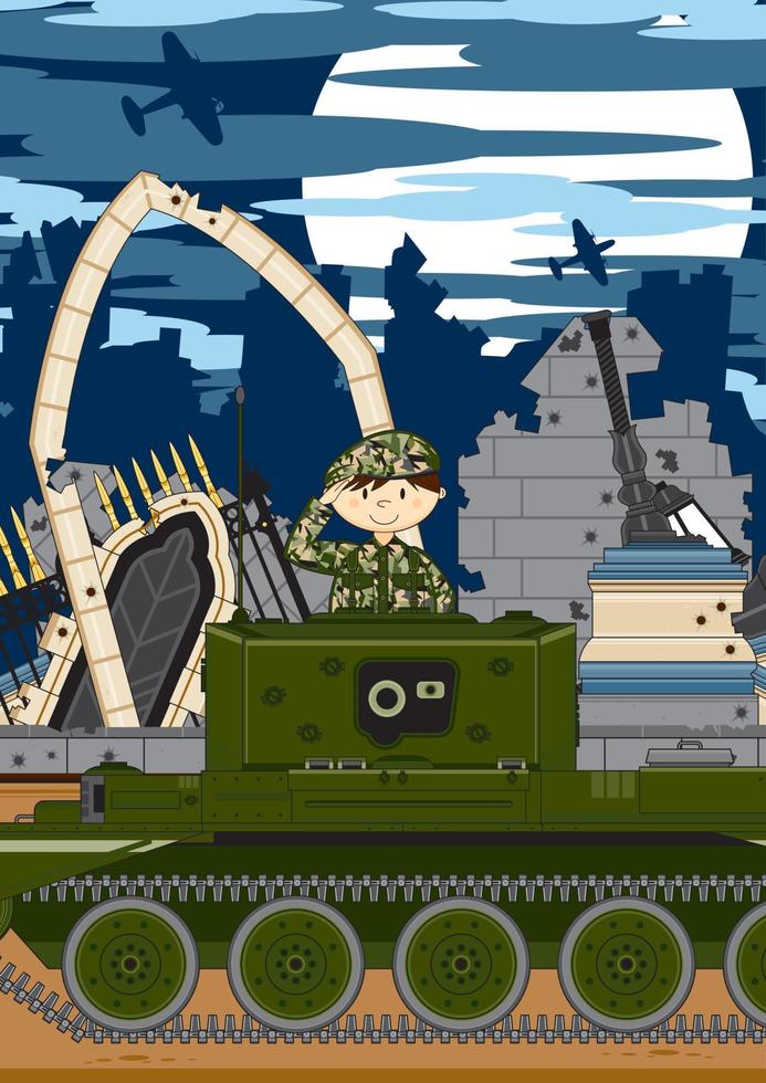 fofa desenho animado saudando exército soldado dentro blindado tanque militares história ilustração vetor
