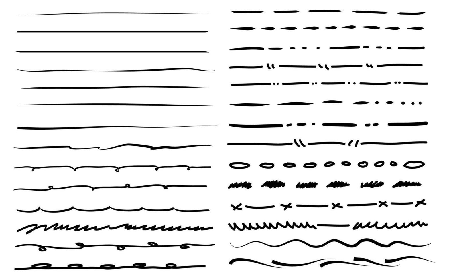 rabisco linhas mão desenhado vetor definir. rabisco grunge escova acidente vascular encefálico linhas. isolado em branco fundo. vetor ilustração