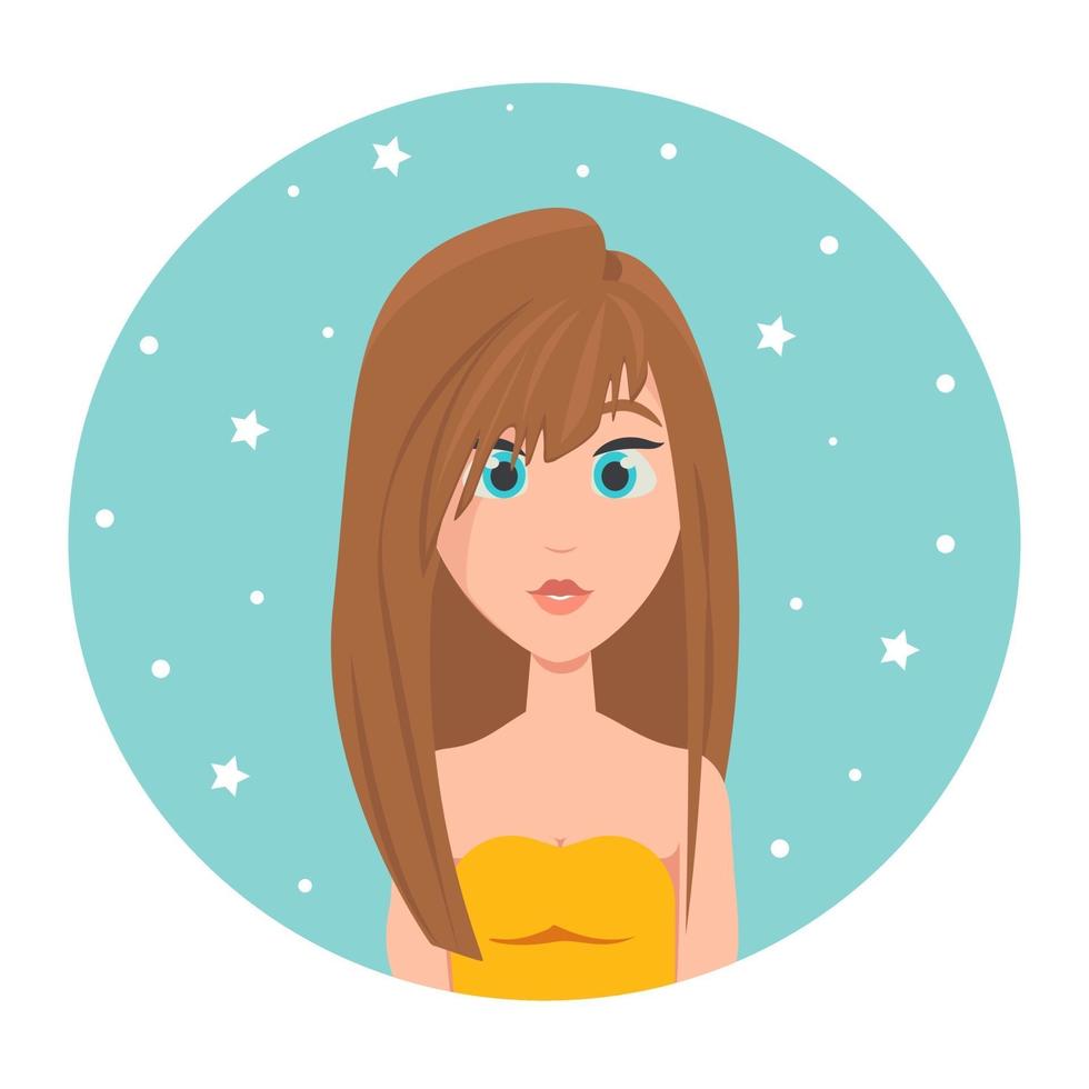 avatar de uma garota ruiva com cabelo comprido e grandes olhos azuis, ilustração vetorial em estilo simples. vetor