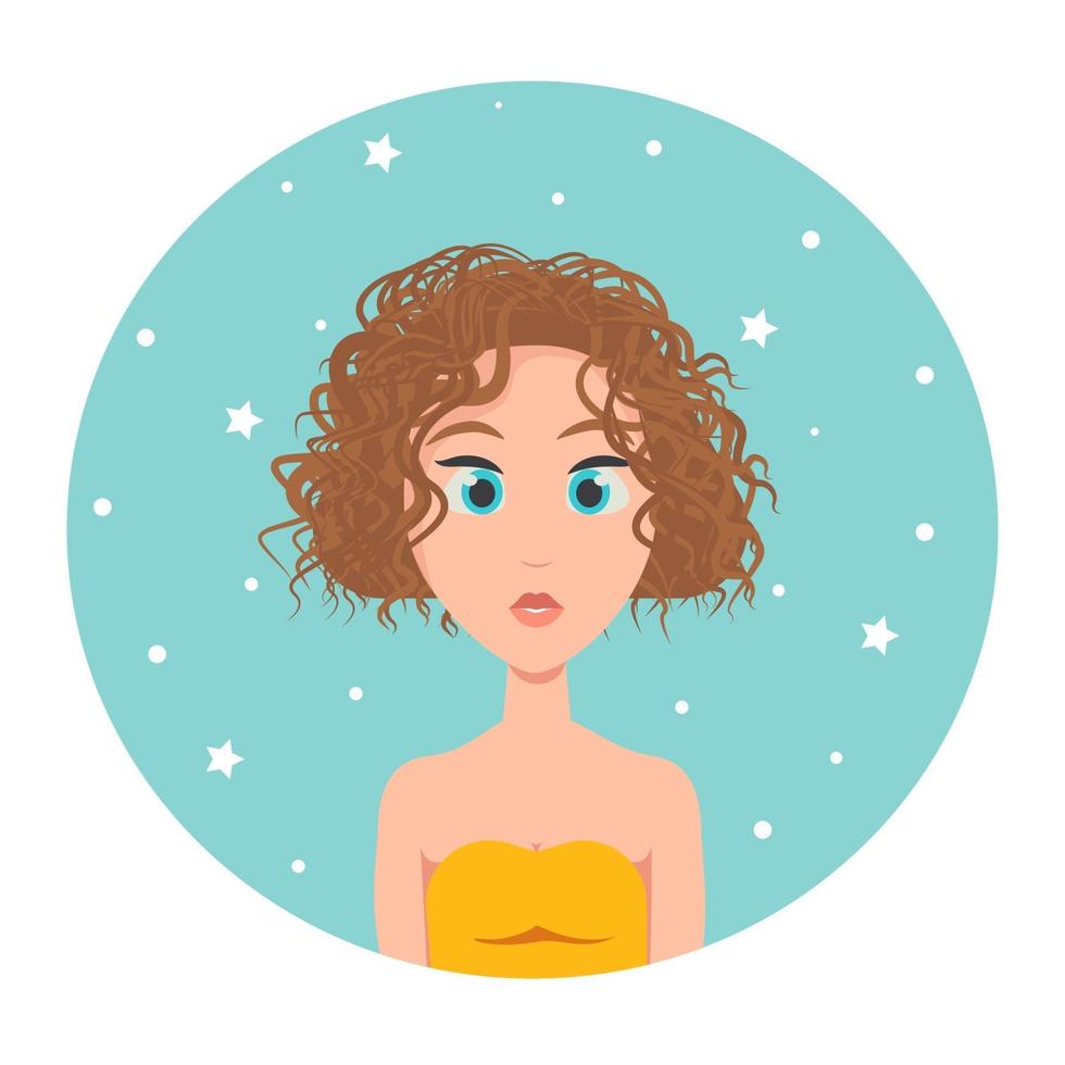 avatar de uma garota ruiva com cabelo curto, corte de cabelo quadrado e grandes olhos azuis, ilustração vetorial em estilo simples. vetor