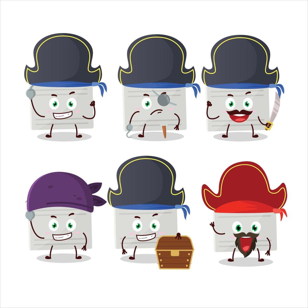 desenho animado personagem do prata mala de viagem com vários piratas emoticons vetor