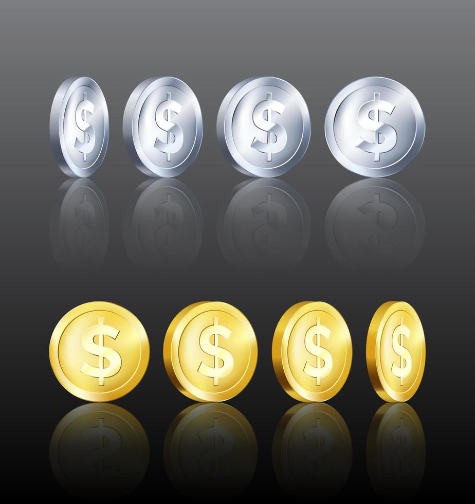 rotação metálico ouro e prata moeda modelo com reflexão. dourado e prata dólar ícone. o negócio símbolo do dinheiro. vetor ilustração