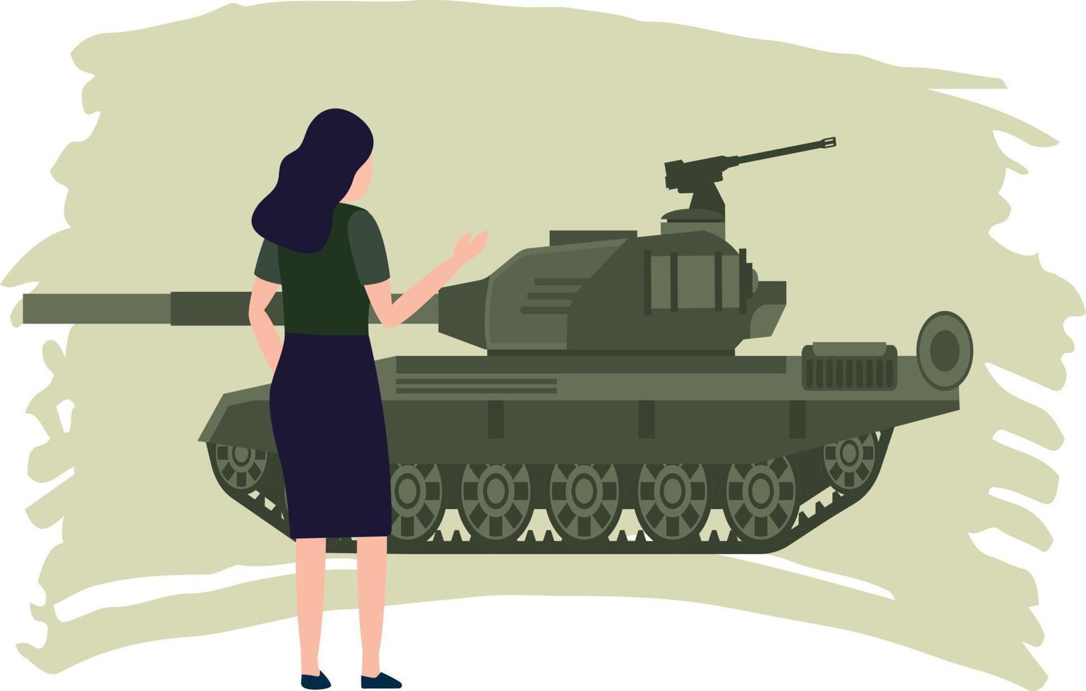 a menina é olhando às a militares tanque. vetor