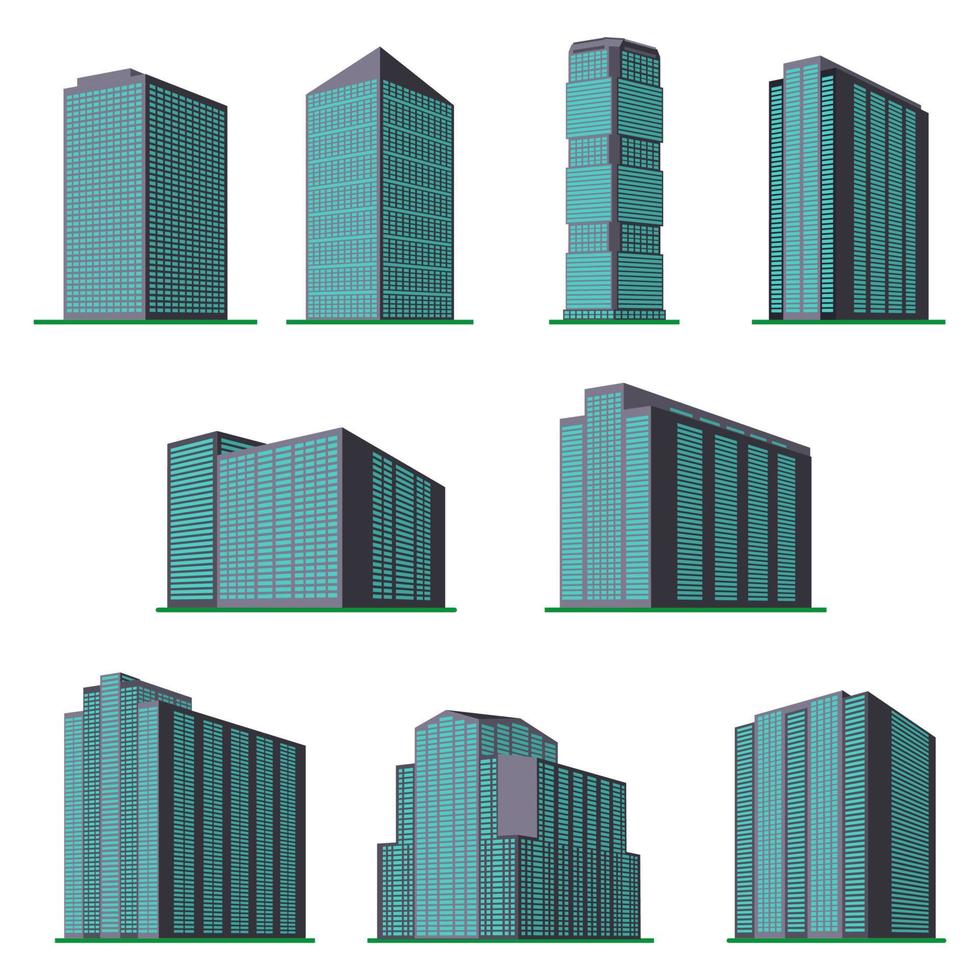 conjunto de nove arranha-céus modernos em um fundo branco. vista do prédio de baixo. ilustração vetorial isométrica. vetor
