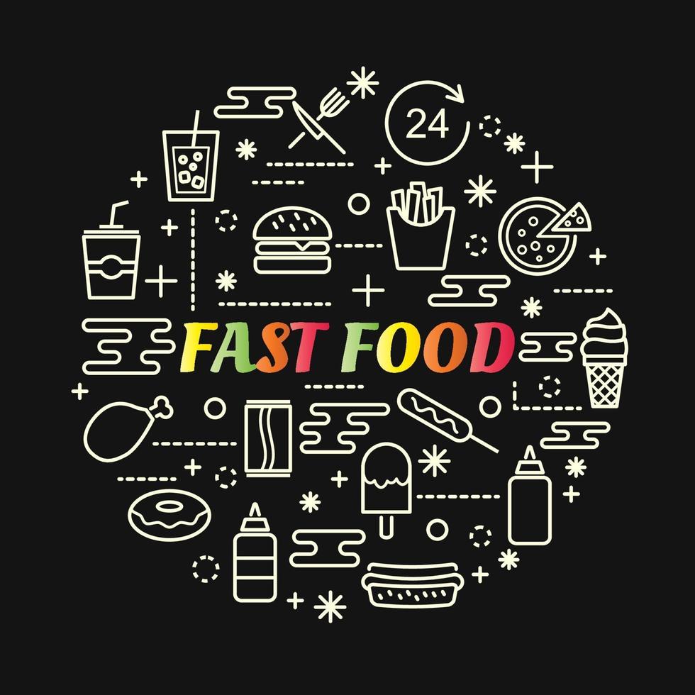 letras gradientes coloridas de fast food com conjunto de ícones vetor