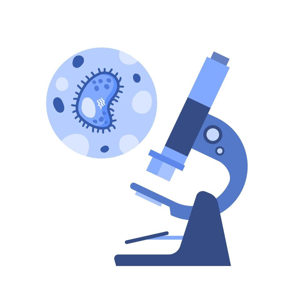 microscópio biologia bactérias e microrganismo pesquisa plano vetor ilustração azul microscópio para médico biologia vírus e bactérias
