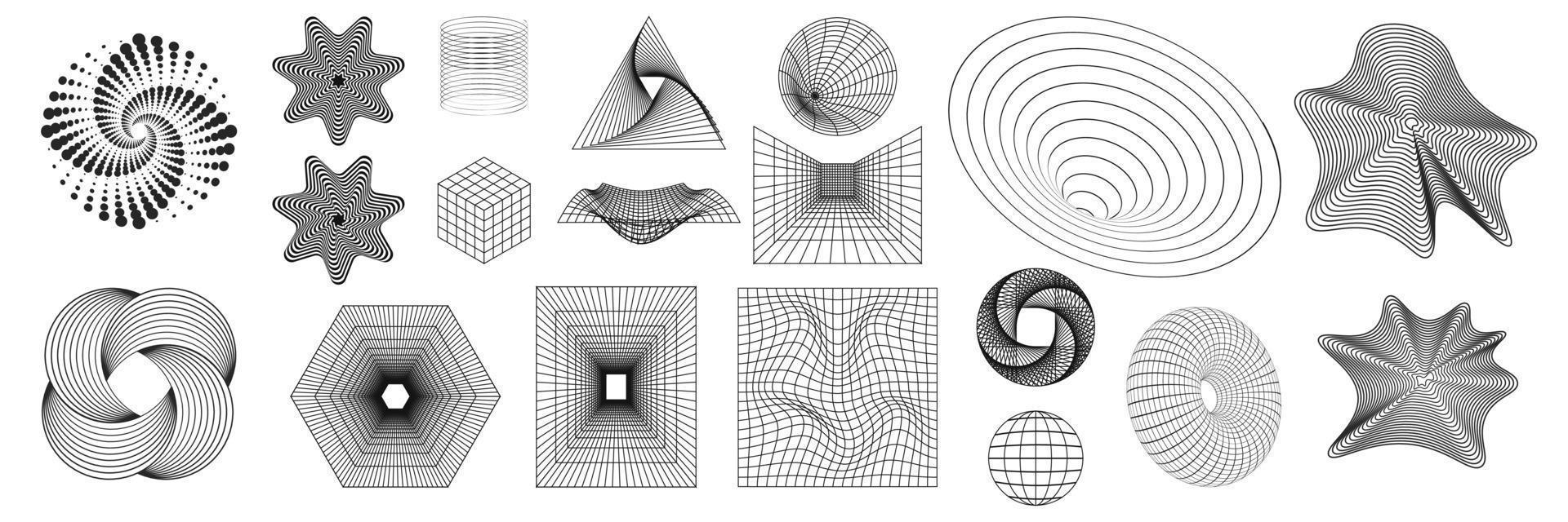 geométrico estrutura de arame formas e grades dentro Sombrio cor em uma transparente fundo. 3d abstrato padrões, cyberpunk elementos dentro na moda psicodélico estilo. ano 2000 . vetor