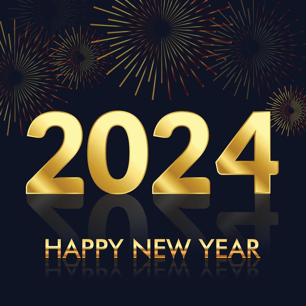 2024 Novo ano abstrato dourado fogos de artifício e dourado gradiente números em Sombrio fundo vetor