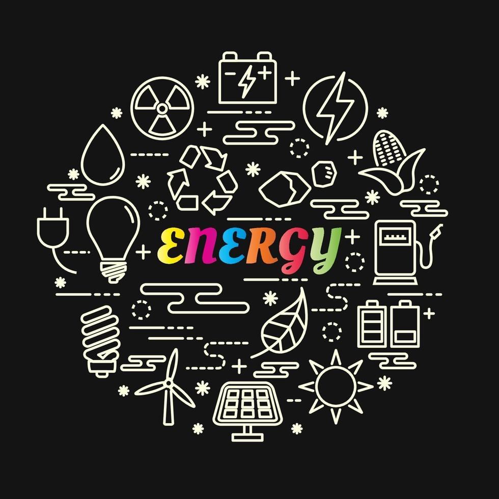 letras gradientes coloridas de energia com ícones de linha vetor