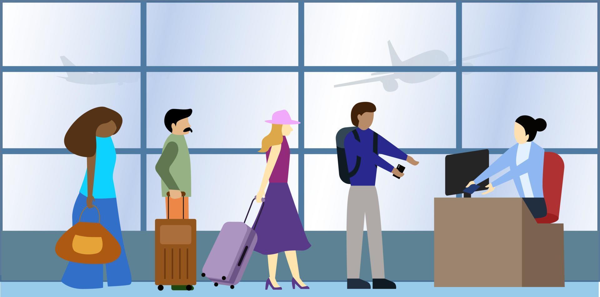 aeroporto Verifica dentro escrivaninha vetor ilustração, cliente serviço representante ajudando homem verificação dentro bilhetes às aeroporto