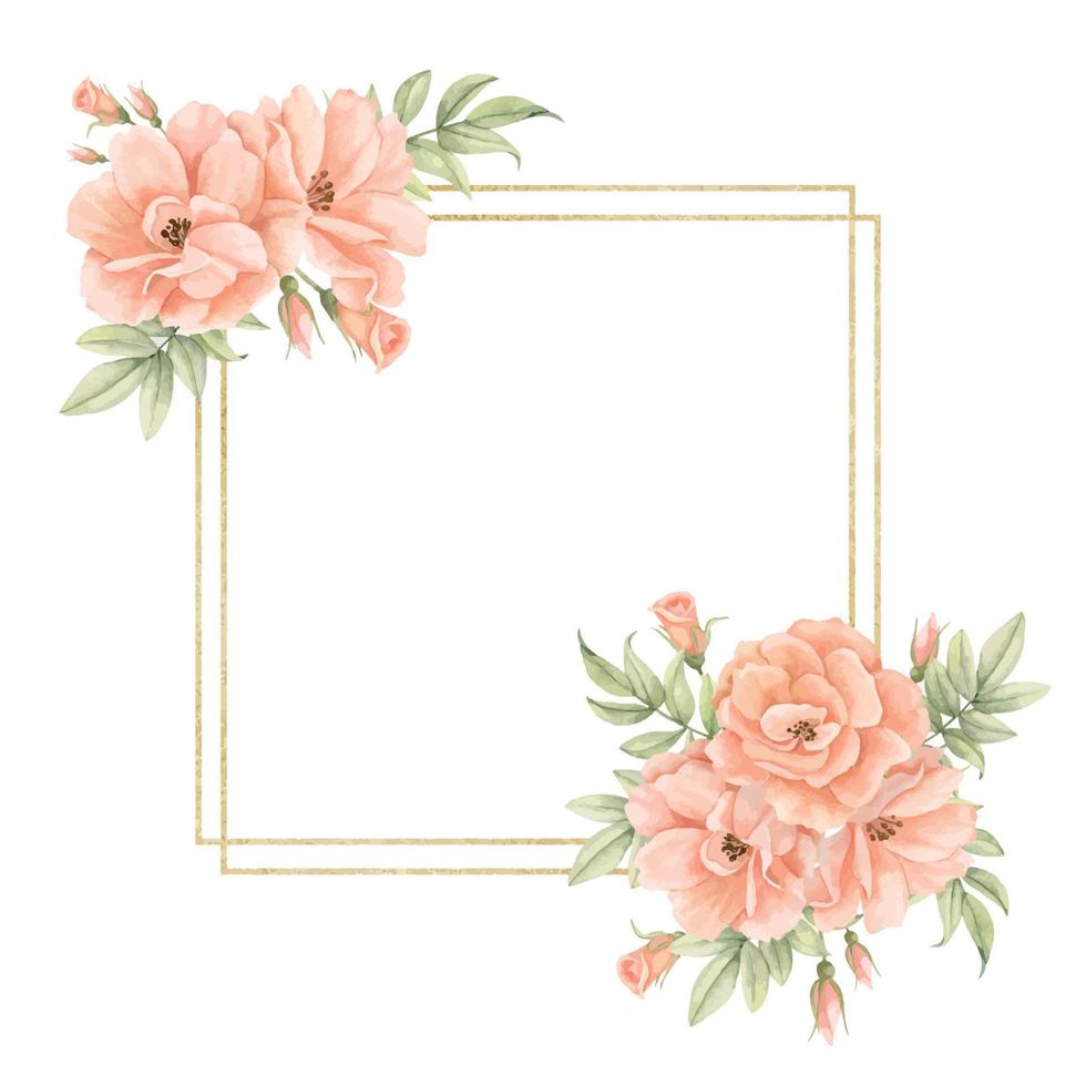 quadrado quadro, Armação com aguarela rosas e folhas. mão desenhado modelo para cumprimento cartões ou Casamento convites com dourado textura em isolado fundo. floral ilustração para festa Projeto vetor