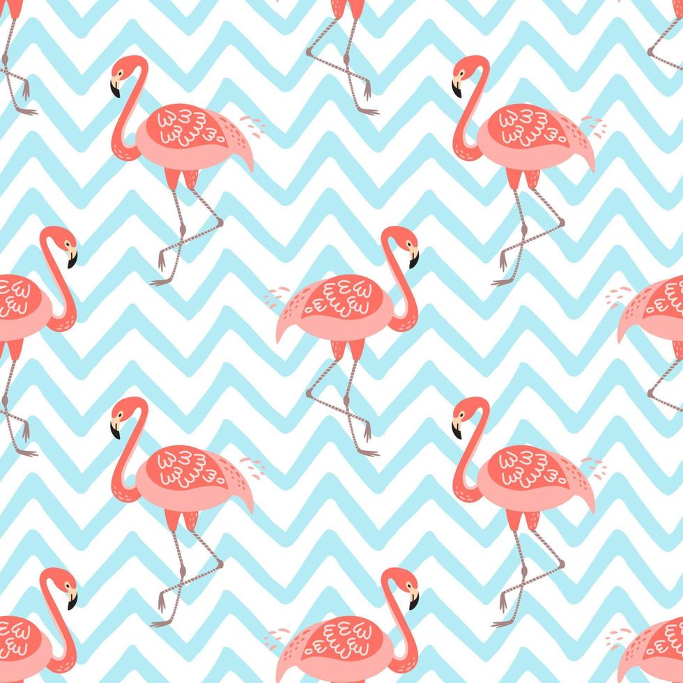 Rosa flamingo desatado padronizar em azul zig zag fundo. tropical fofa imprimir. engraçado verão Havaí exótico Projeto. Rosa flamingo geométrico ilustração para têxtil, pano, decoração tecido textura. vetor