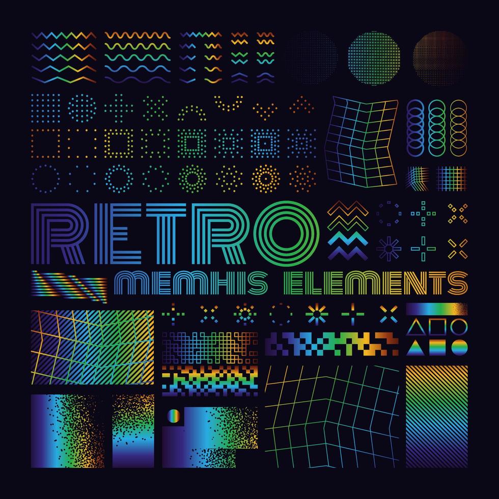 elementos de design do vetor memphis. conjunto de gráficos retrô, tendências de design dos anos 80 e ilustração de elementos geométricos vintage. coleção de símbolos de memphis isolados vetoriais