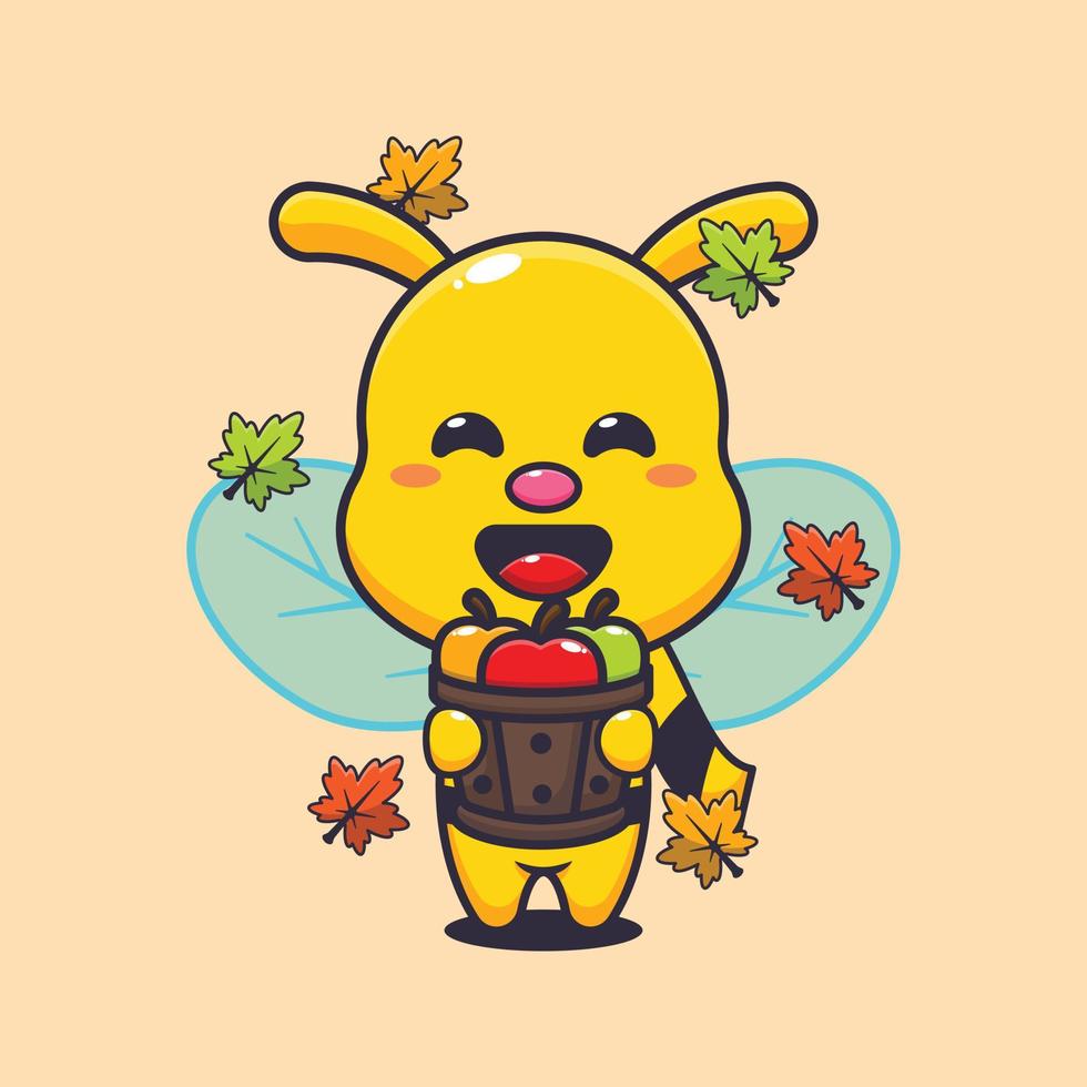 fofa abelha segurando uma maçã dentro madeira balde. mascote desenho animado vetor ilustração adequado para poster, folheto, rede, mascote, adesivo, logotipo e ícone.