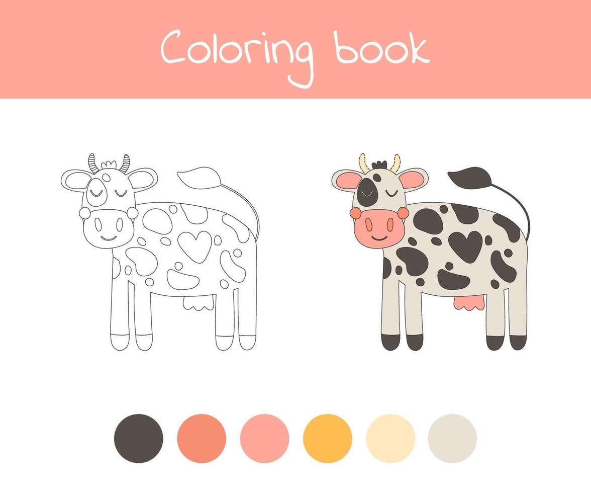 livro para colorir com bonito animal de fazenda, uma vaca. para crianças do jardim de infância, pré-escola e idade escolar. vetor