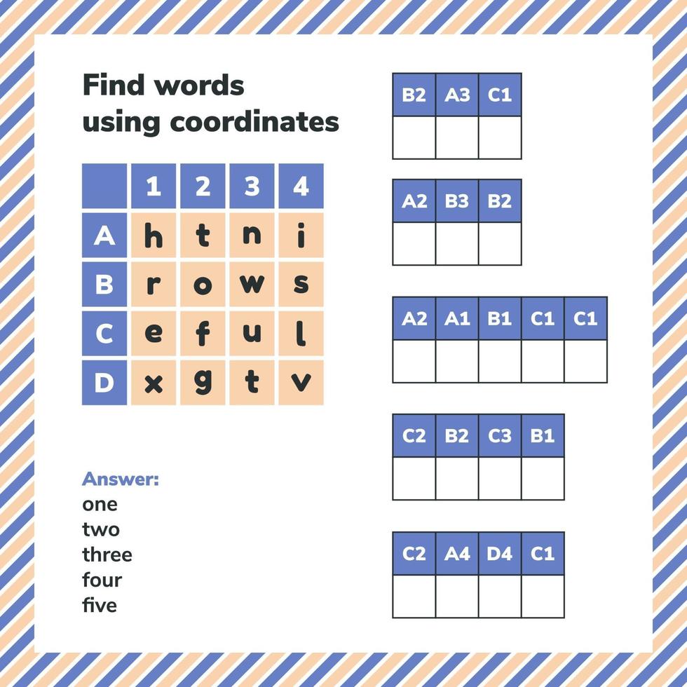 jogo educativo para crianças em idade pré-escolar e escolar. encontre palavras usando coordenadas. página de planilha de quebra-cabeça. vetor