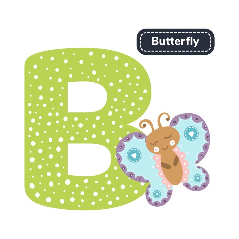 alfabeto infantil. letra B. borboleta bonito dos desenhos animados. vetor