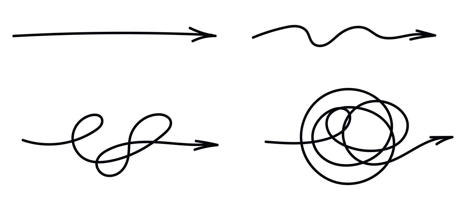 caótico Preto linha emaranhado seta. caminho linha fio. caótico pensamento processo. vetor isolado ilustração