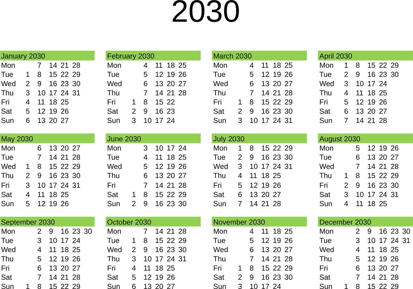 ano 2030 calendário dentro Inglês vetor