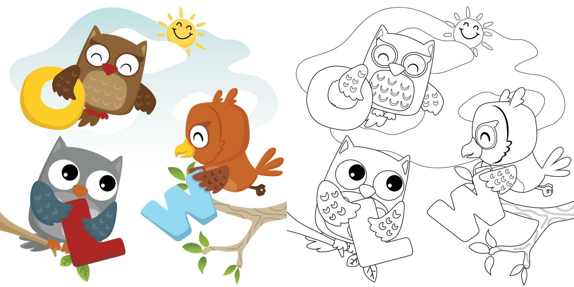 vetor desenho animado ilustração, coloração livro do engraçado corujas segurando carta