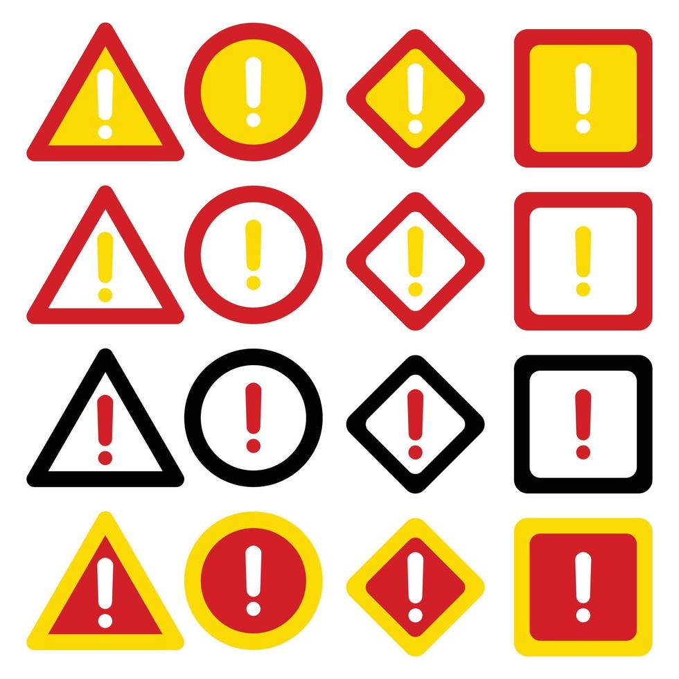 16 conjunto do Atenção sinais isolado em uma branco fundo. vetor ilustração. Atenção ícone símbolo dentro diferente formas gostar triângulo, círculo, losango e quadrado. perigo placa