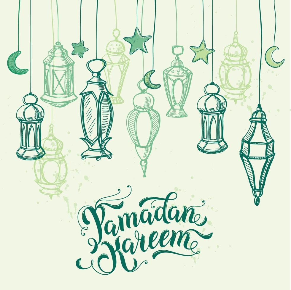 letras de caligrafia ramadan kareem. lâmpadas árabes, desenhe lanternas penduradas. mão desenho cartão, pôster, plano de fundo para o ramadã vetor