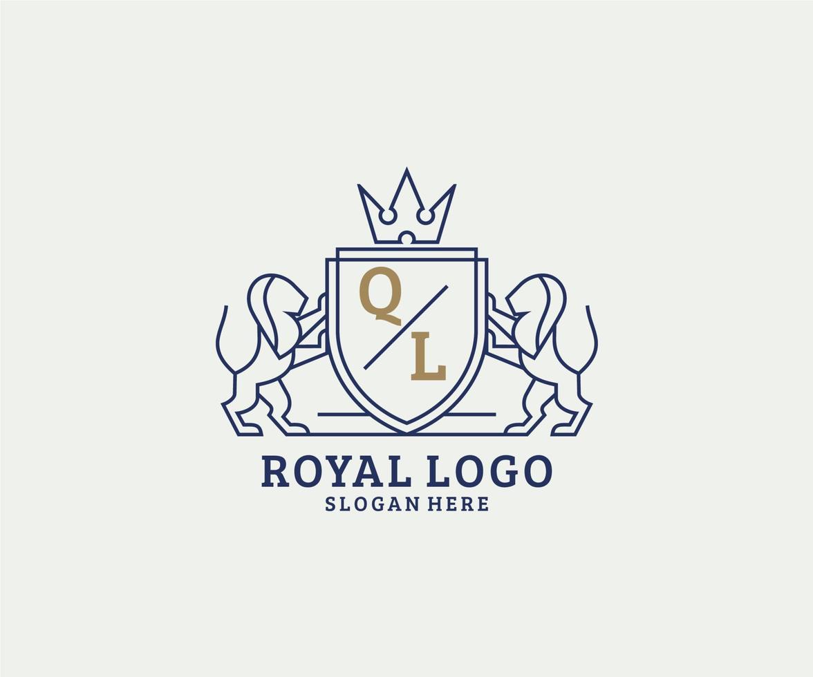 modelo de logotipo de luxo real de leão de letra ql inicial em arte vetorial para restaurante, realeza, boutique, café, hotel, heráldica, joias, moda e outras ilustrações vetoriais. vetor