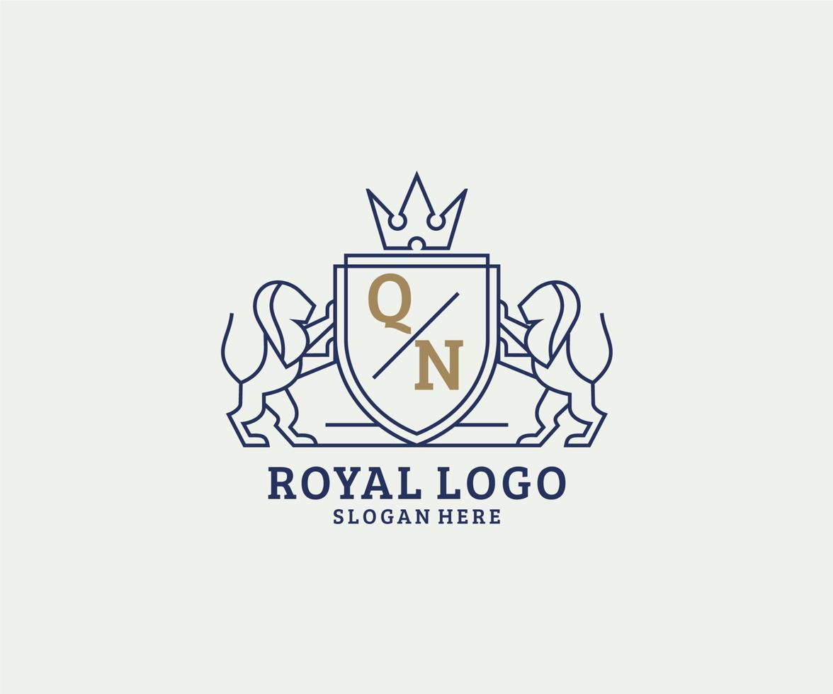 modelo de logotipo de luxo real de leão de carta qn inicial em arte vetorial para restaurante, realeza, boutique, café, hotel, heráldica, joias, moda e outras ilustrações vetoriais. vetor