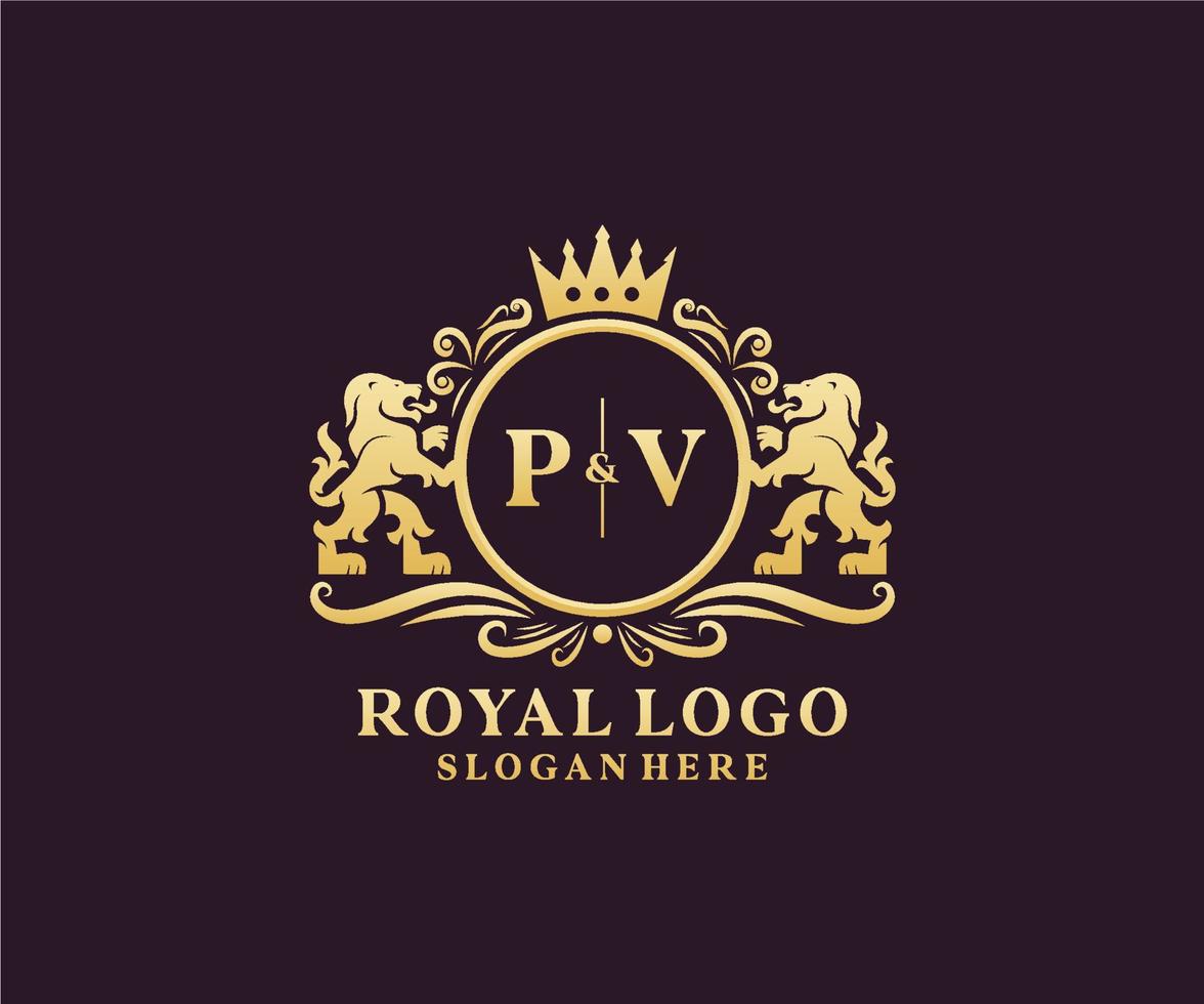 modelo de logotipo de luxo real de leão de carta pv inicial em arte vetorial para restaurante, realeza, boutique, café, hotel, heráldica, joias, moda e outras ilustrações vetoriais. vetor