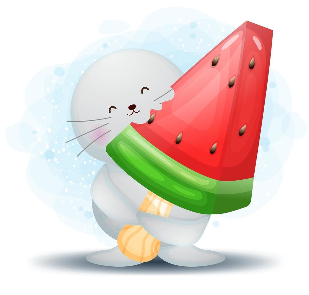 doodle fofo morsa segurando um grande personagem de desenho animado de sorvete de melancia vetor