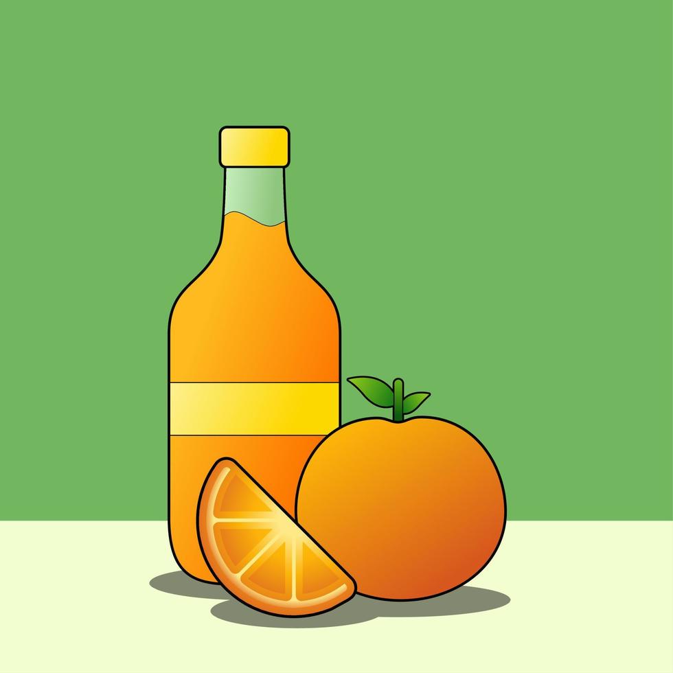 ainda vida vetor ilustração. ainda vida ilustração do laranja suco dentro a garrafa e laranja fruta. simples e relaxar do isolado laranja suco para lazer Projeto ou pintura arte dentro verde fundo