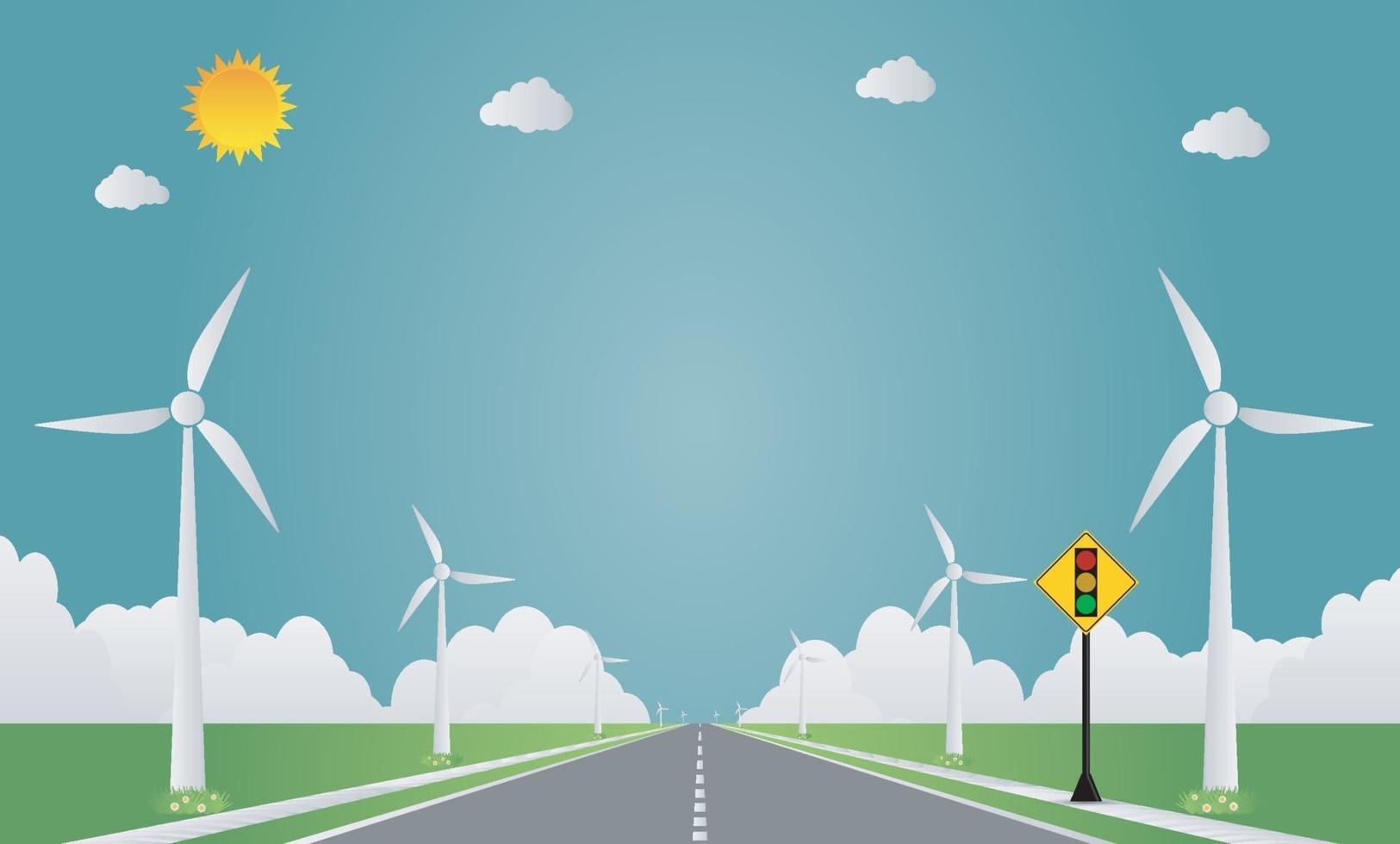 semáforo em estrada natural com turbina eólica. Ilustração em vetor