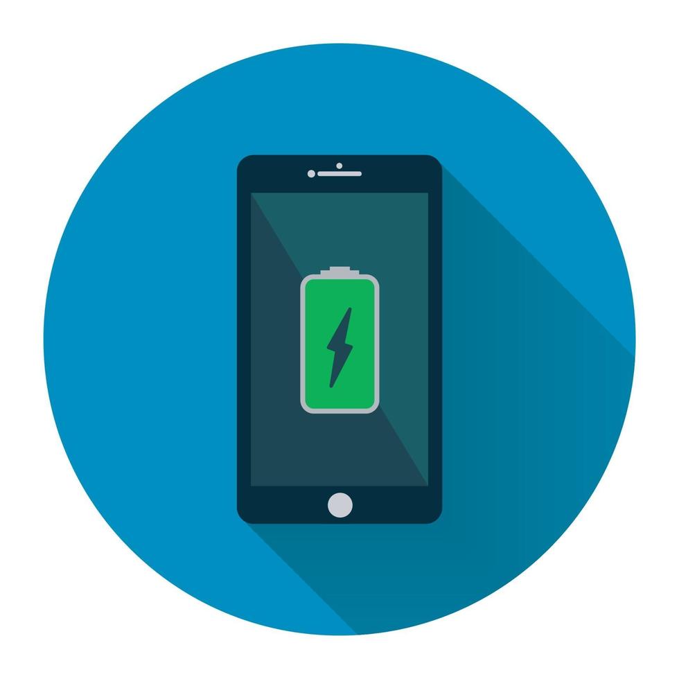 telefone celular.smartphone com ícone de bateria de carregamento verde na tela com sombra longa preta, estilo de design simples. Ilustração em vetor