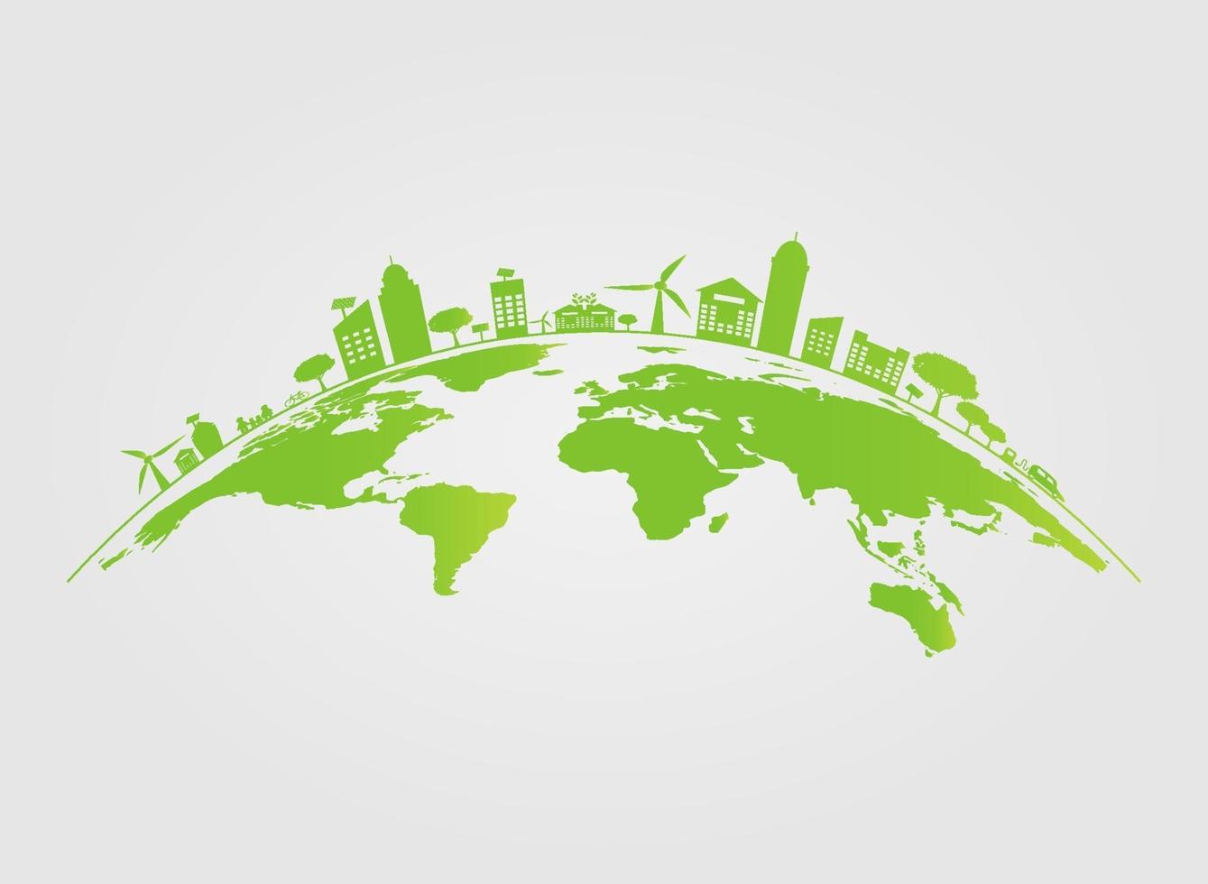 Ecologia.Cidades verdes ajudam o mundo com ideias de conceitos ecológicos. Ilustração em vetor