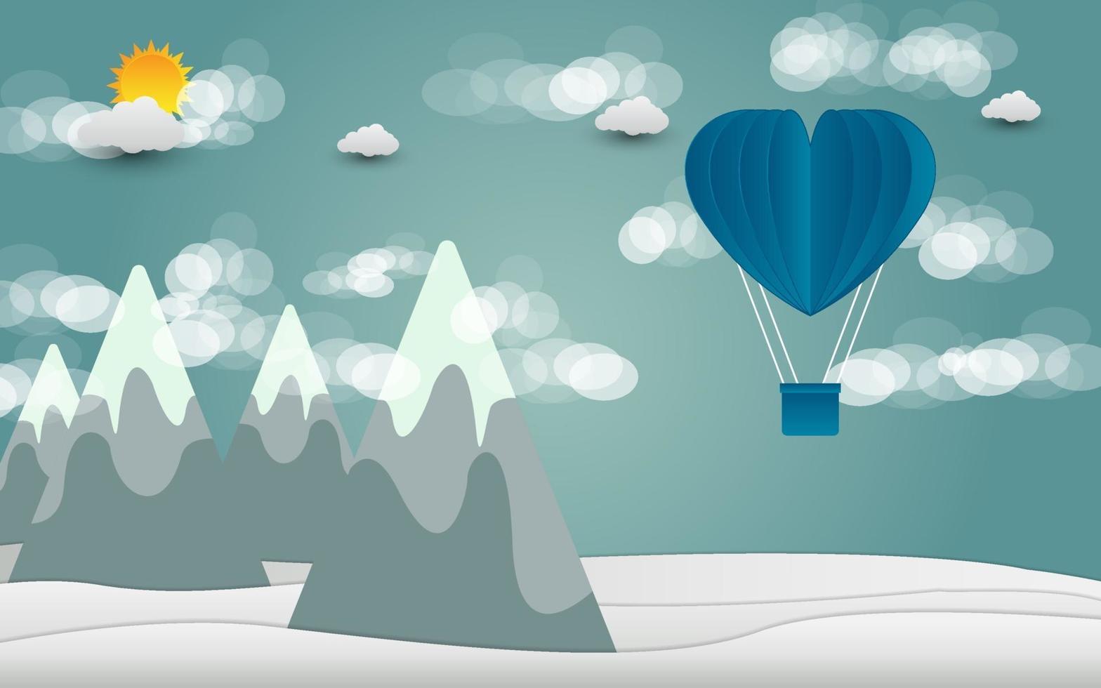 dia dos namorados balão em forma de coração flutuando no céu e belas montanhas cloud.paper art.vector ilustração vetor