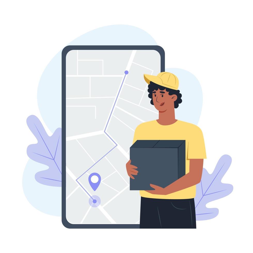 mensageiro jovem com um pacote nas mãos, entrega de mercadorias da loja online vetor