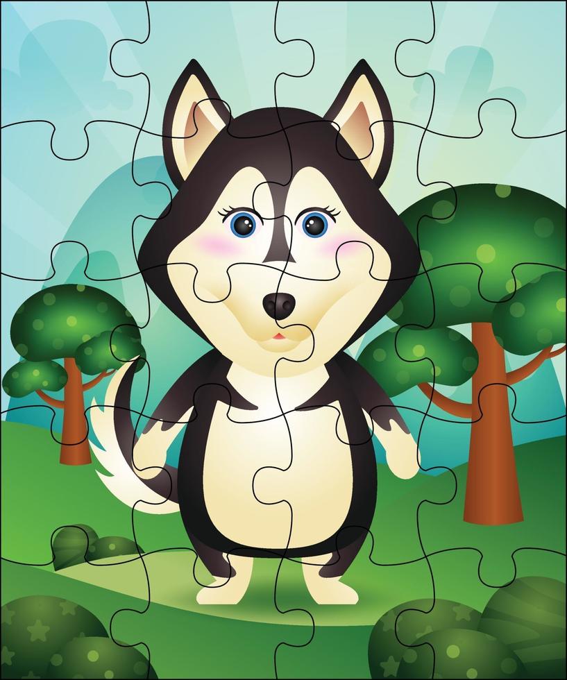 ilustração de jogo de quebra-cabeça para crianças com cachorro husky vetor