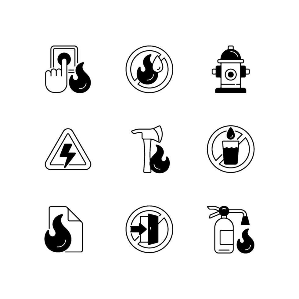 conjunto de ícones lineares pretos de emergência de incêndio vetor