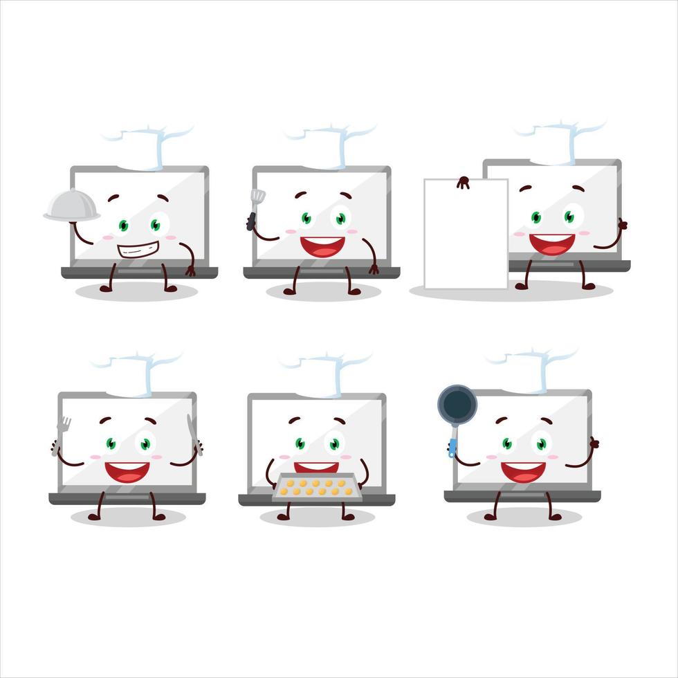 desenho animado personagem do computador portátil com vários chefe de cozinha emoticons vetor